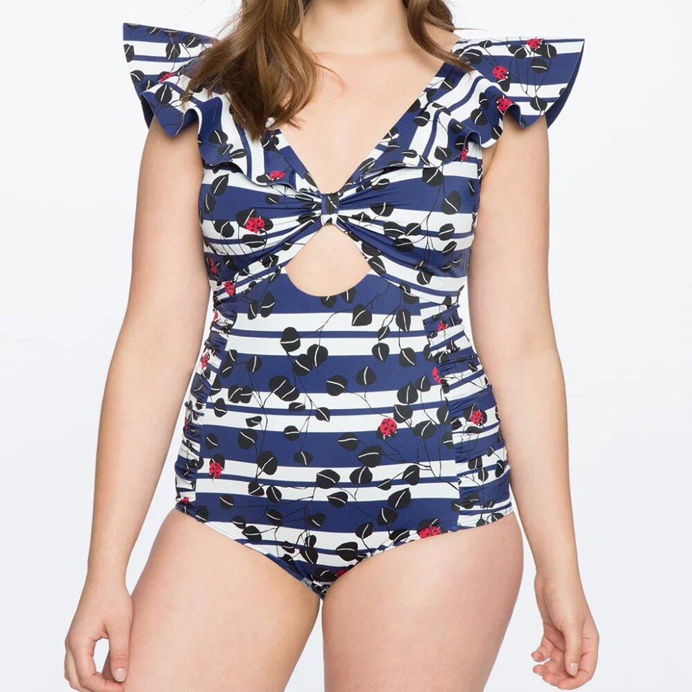 Eloquii NWT One-piece Swimsuit w/Ruffle Shoulder, Lucky Ladybug Print - 22W